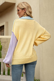 Colorblock knit pullover sweater with pastel blue collar and lavender sleeves.