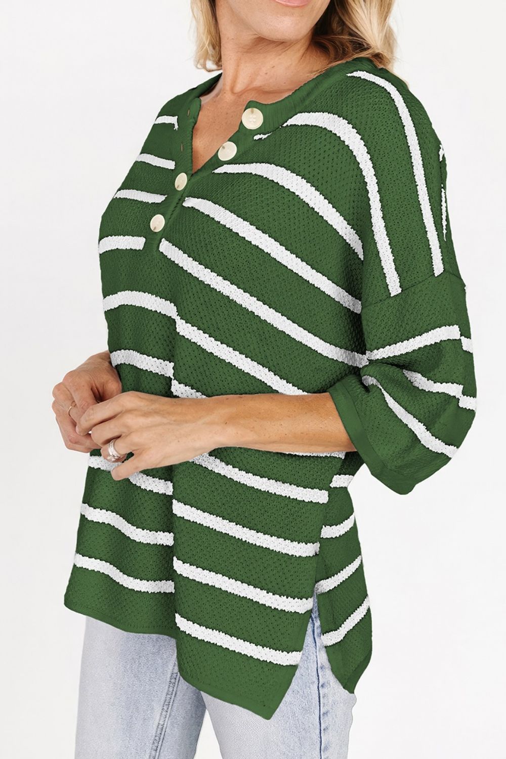 Button-down stripe knit pullover sweater in dark green with white stripes and a V-neck.