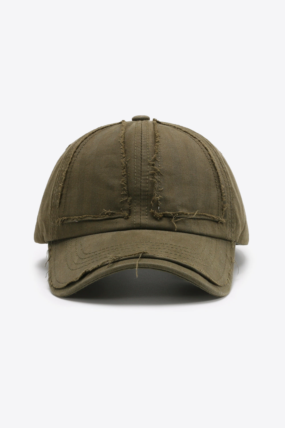 Army green raw edge denim baseball cap with distressed details