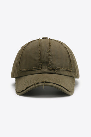 Army green raw edge denim baseball cap with distressed details