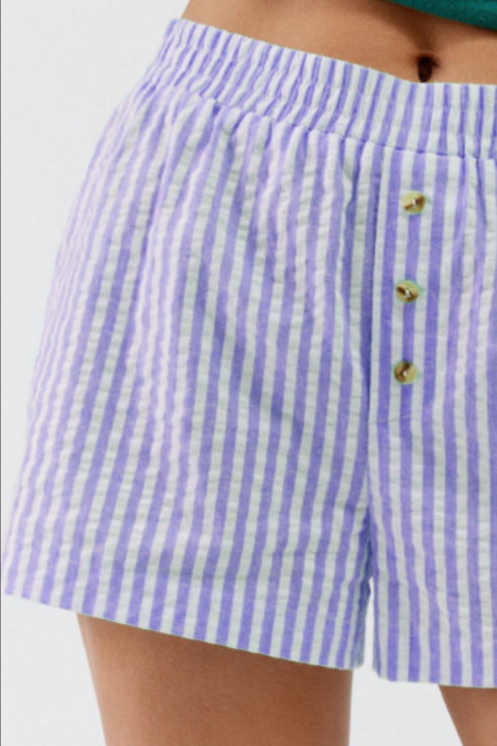 Seersucker boxer shorts in Blue Purple stripe with button front and elastic waistband.