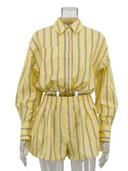 Chic Striped Two-piece Shirt And Shorts Set