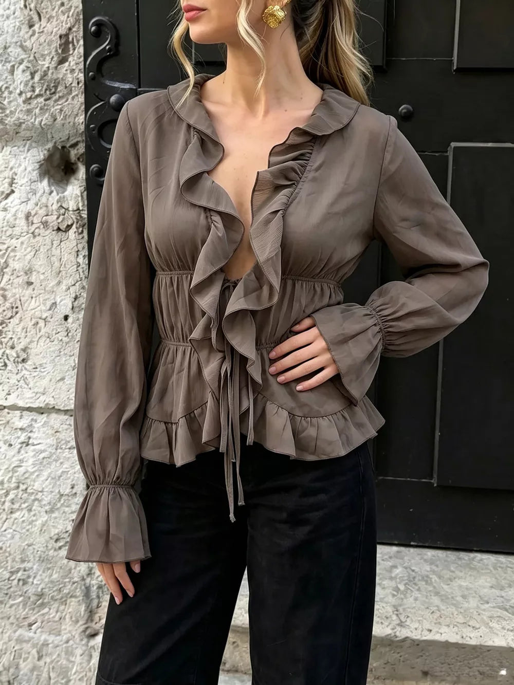 Ruffled V-neck Long Sleeve Blouse in Brown, front view