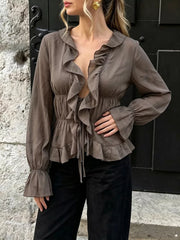 Ruffled V-neck Long Sleeve Blouse in Brown, front view