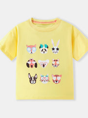 Yellow crew neck t-shirt with a playful animal faces graphic print.