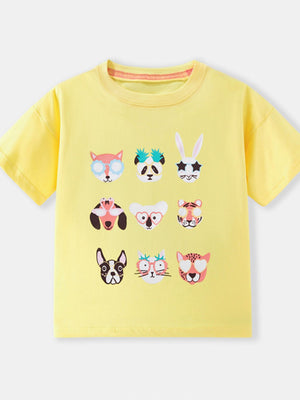 Yellow crew neck t-shirt with a playful animal faces graphic print.