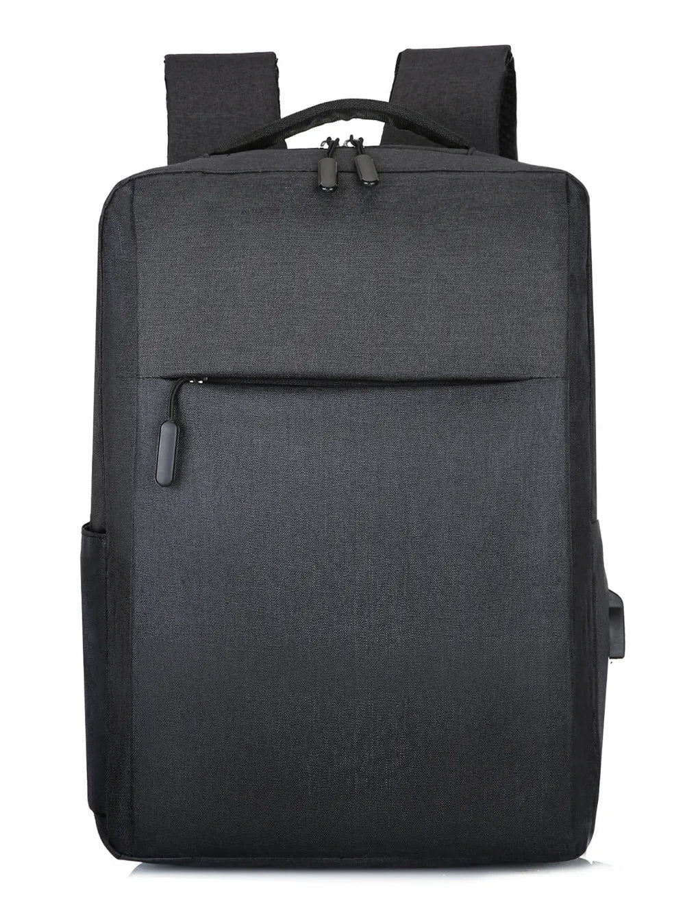 Black canvas school backpack with textured front and USB port.