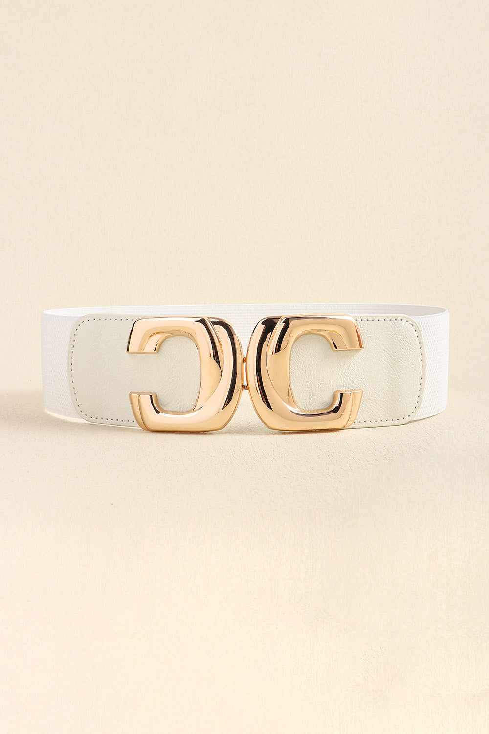 White elastic belt with gold double C buckle detail