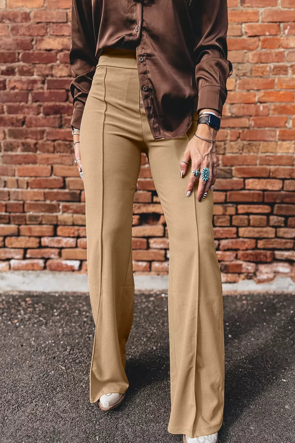 High Waist Full Length Regular Fit Pants in Tan, close-up detail