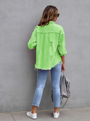 Green Apple distressed denim shacket with frayed hem and cuffs, casual trucker jacket style.