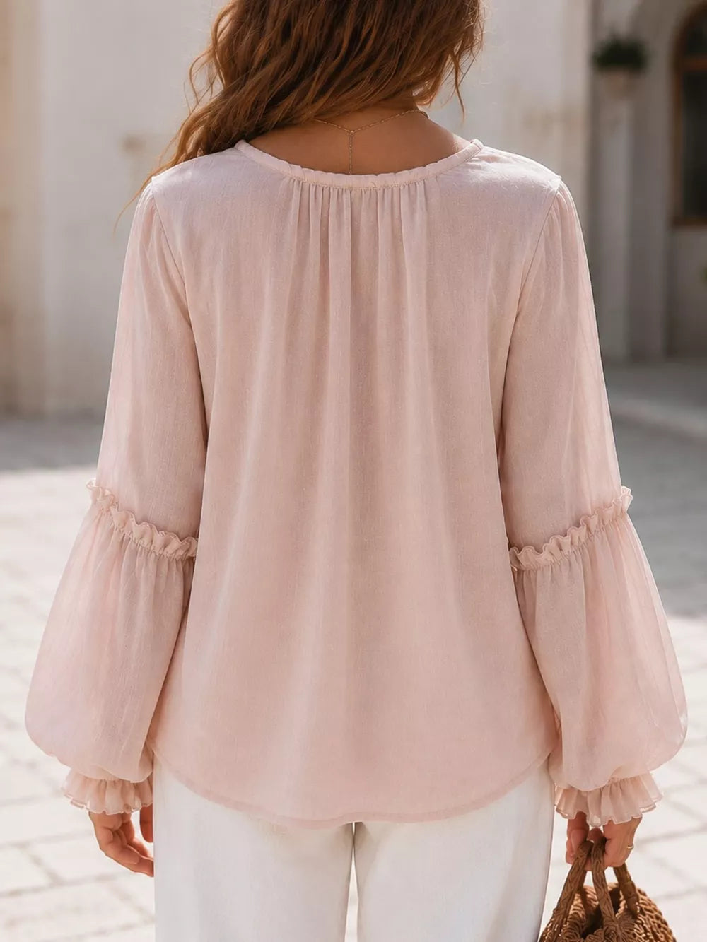 Ruffled Tie Front Flounce Sleeve Blouse in Blush Pink, close-up detail