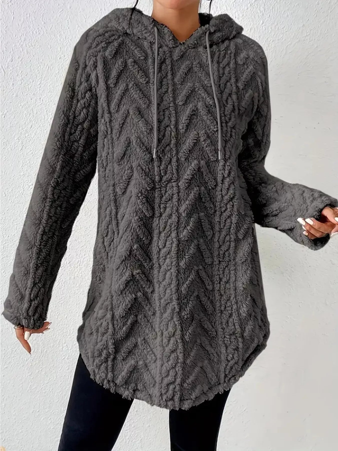 Gray textured fleece hoodie with drawstring and chevron pattern.