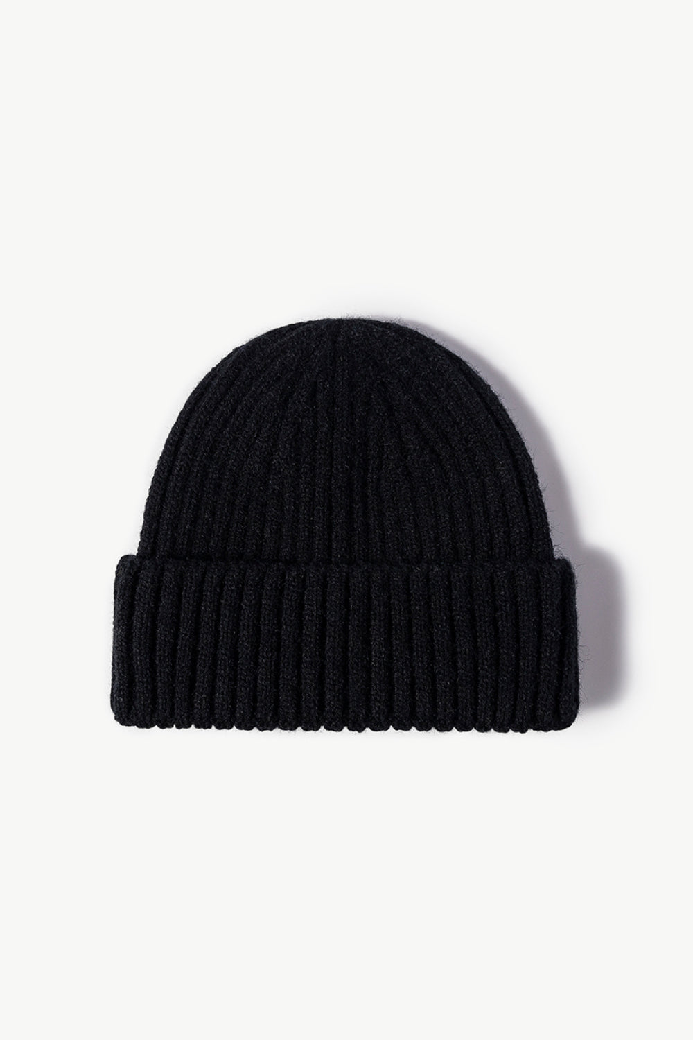 Black chunky ribbed knit beanie with folded brim