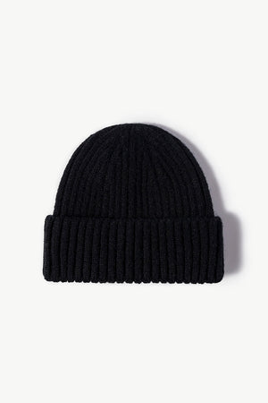 Black chunky ribbed knit beanie with folded brim