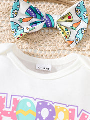 White cotton baby bodysuit with Easter carrot and egg print bow headband.