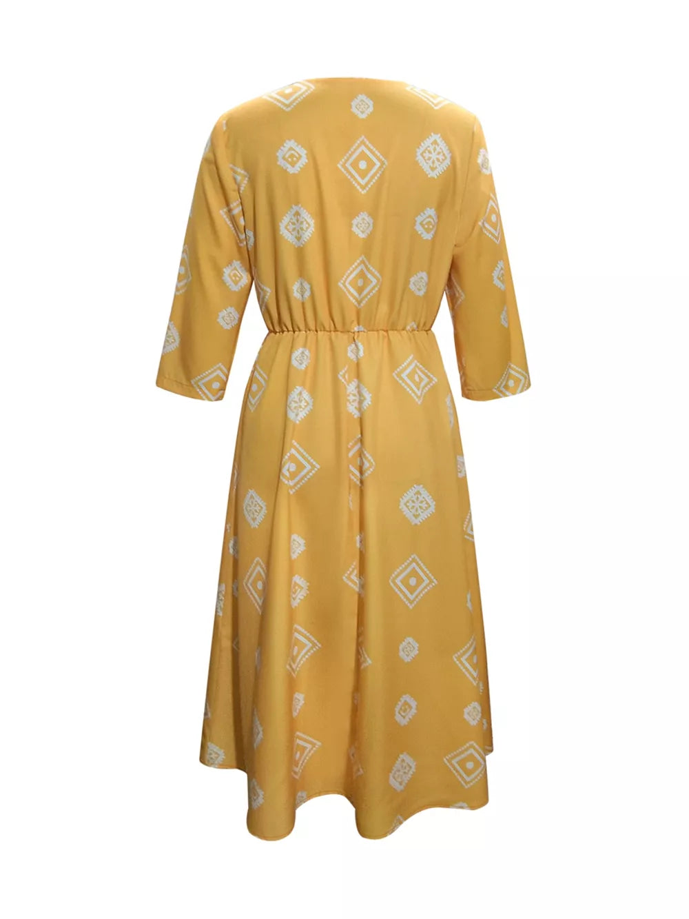 Yellow midi dress with geometric print, 3/4 sleeves, and elastic waist.