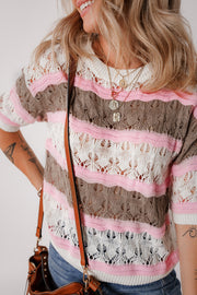Striped openwork knit top with pink, taupe, and white stripes.