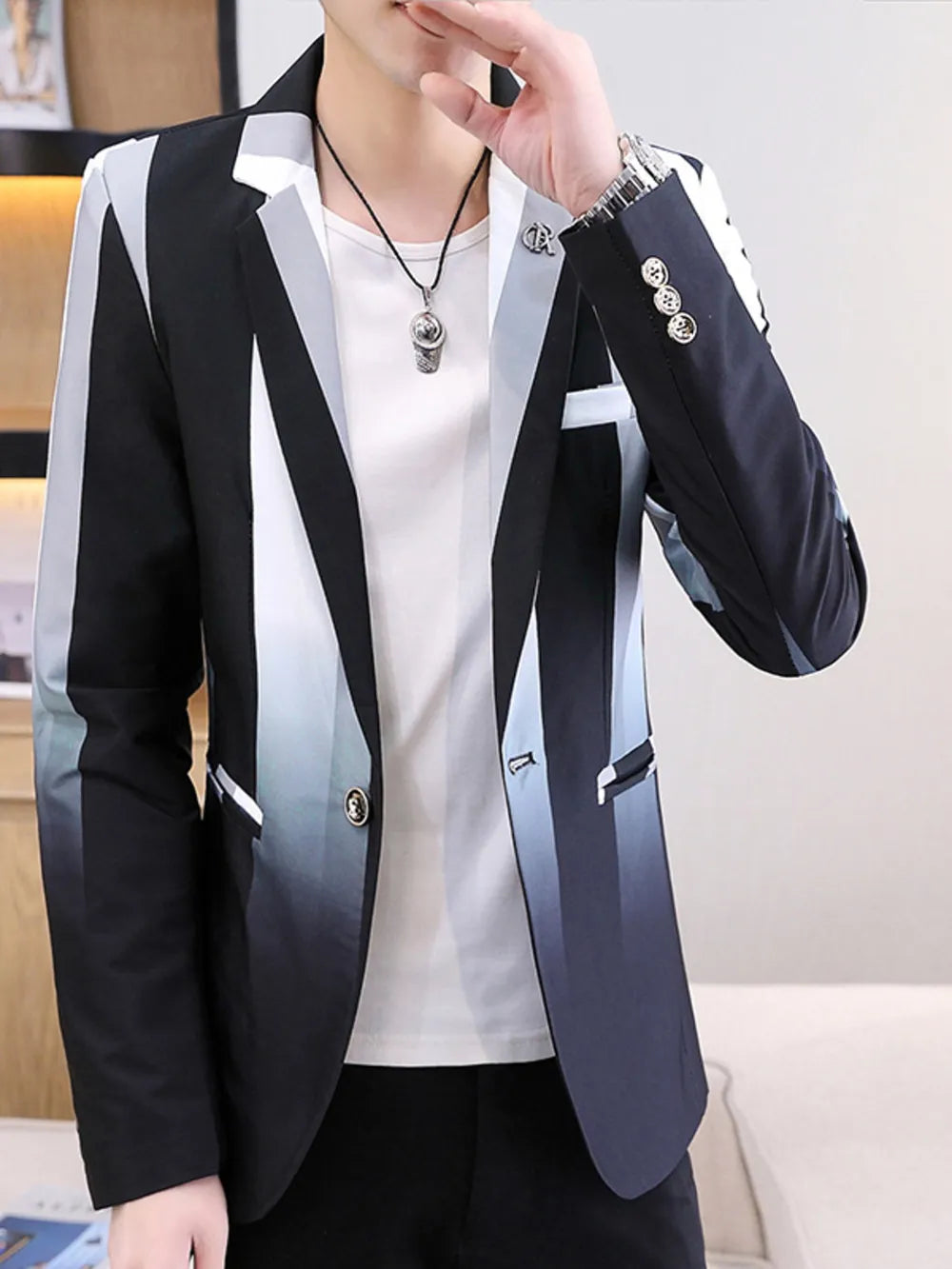 Men's slim fit blazer with gradient stripes in black, white, and blue.