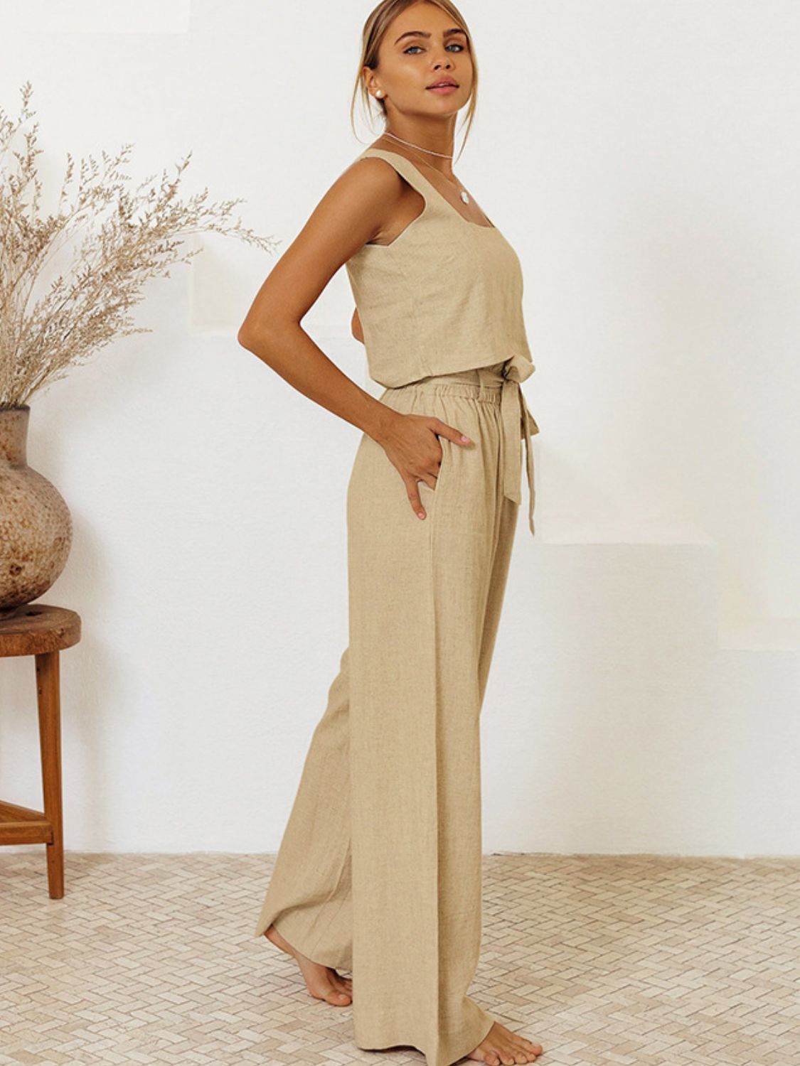 Linen square neck crop top and wide leg pants set in tan, tied at waist