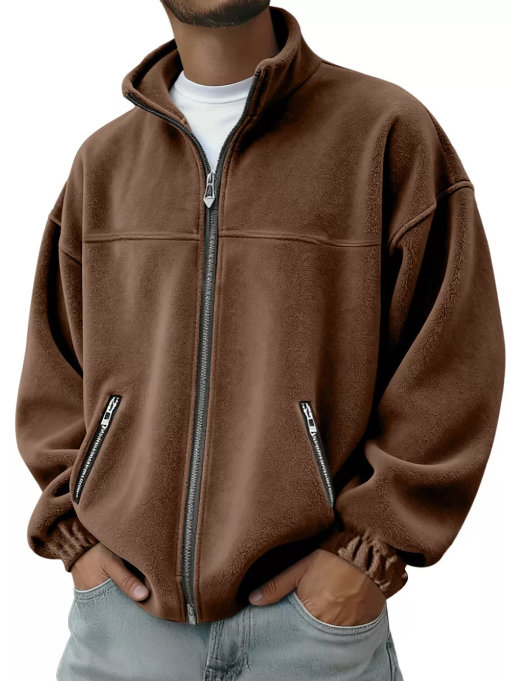 Men's dark brown fleece zip-up jacket with zippered pockets and elastic cuffs.