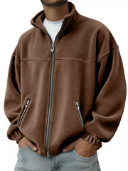 Men's dark brown fleece zip-up jacket with zippered pockets and elastic cuffs.