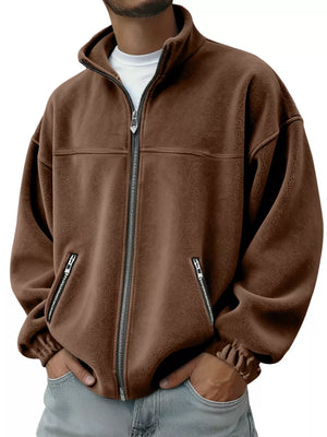 Men's dark brown fleece zip-up jacket with zippered pockets and elastic cuffs.