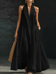 Black halter neck maxi dress with pockets, V-neck, cotton linen blend, casual flowy style