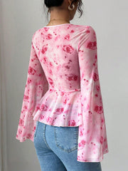 Pink floral chiffon blouse with bell sleeves and peplum hem