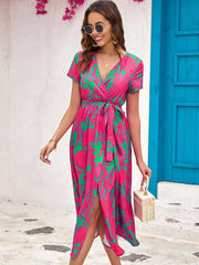Floral Surplice Midi Dress With Tie Waist