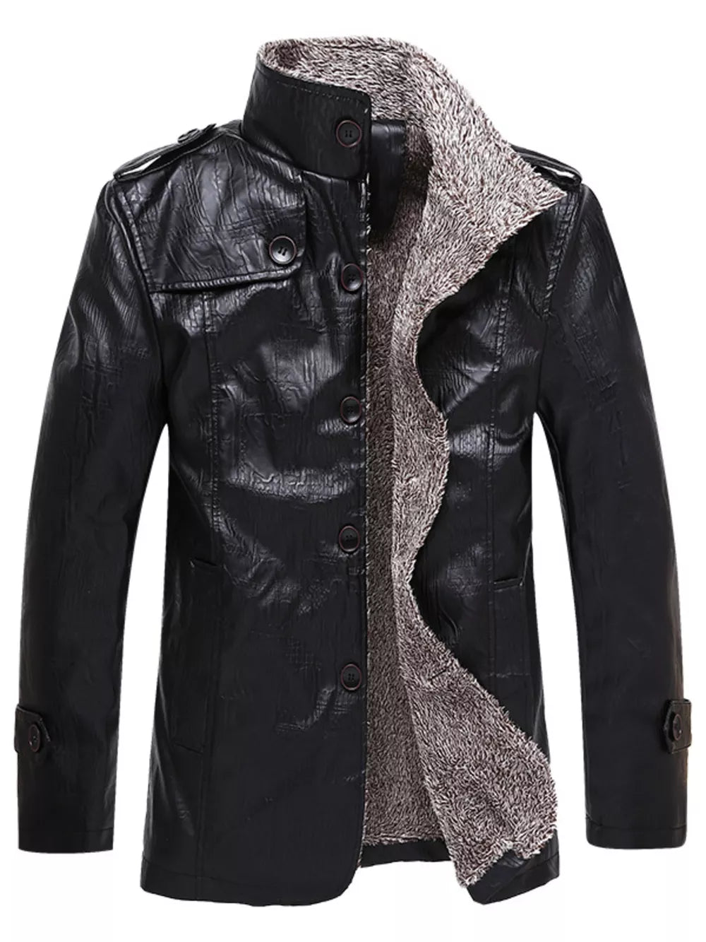 Men's black fleece-lined sport jacket with button-up front and textured faux leather.