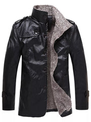 Men's black fleece-lined sport jacket with button-up front and textured faux leather.