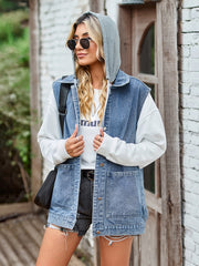 Medium wash denim hooded vest with patch pockets and white sleeves.