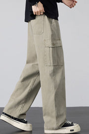 Khaki relaxed fit cargo sweatpants with drawstring and button flap pocket detail.