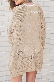 Sand open-knit slouchy cardigan with a relaxed fit and open crochet details.