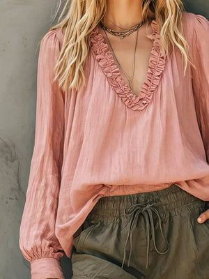 Bohemian Ruffled V-neck Long Sleeve Blouse in White, side view