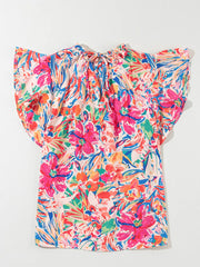 Multicolour Floral Ruffled Sleeve V Neck Blouse in Blush Pink, close-up detail
