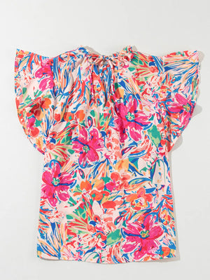 Multicolour Floral Ruffled Sleeve V Neck Blouse in Blush Pink, close-up detail