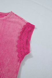 Pink mineral wash t-shirt with cap sleeves and intricate lace trim detail.