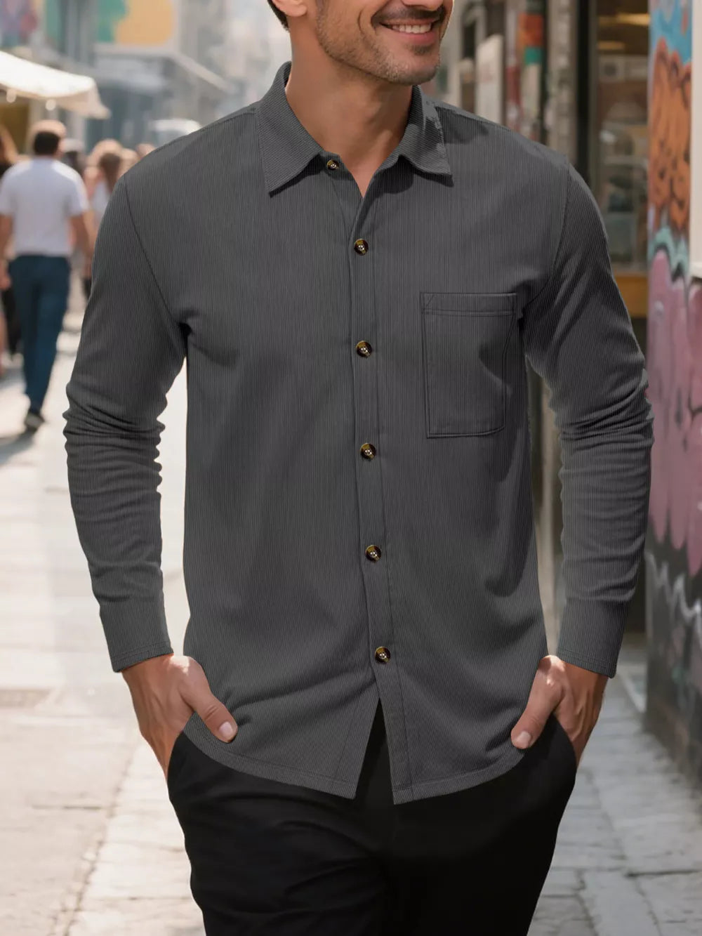 Men's Full Size Casual Button Up Long Sleeve Shirt, fabric detail