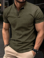 Army green Mandarin collar henley polo shirt with buttoned placket and short sleeves.