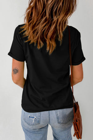 Black short sleeve tee with rhinestone equestrian motif and rolled cuffs.