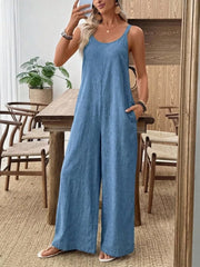 Spaghetti Strap Wide Leg Jumpsuit in Dusty Blue, model styling view