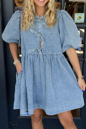 Prairie denim dress in medium with puff sleeves and tie details