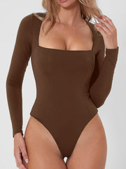 Brown long sleeve bodysuit with a sculpted square neckline