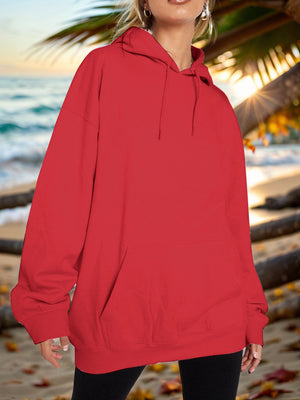 Red oversized hoodie with pouch pocket and drawstring hood.