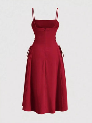 Deep Red A-line cami dress with crisscross lace-up sides and spaghetti straps.