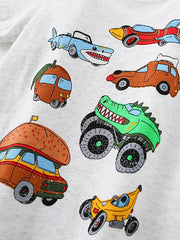 Baby T-shirt in light grey cotton with a whimsical print of cartoon vehicles including a shark car, monster truck, and