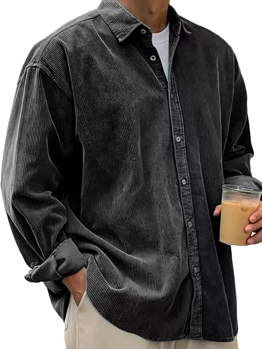Men's dark gray corduroy button-up shirt with classic collar and long sleeves.