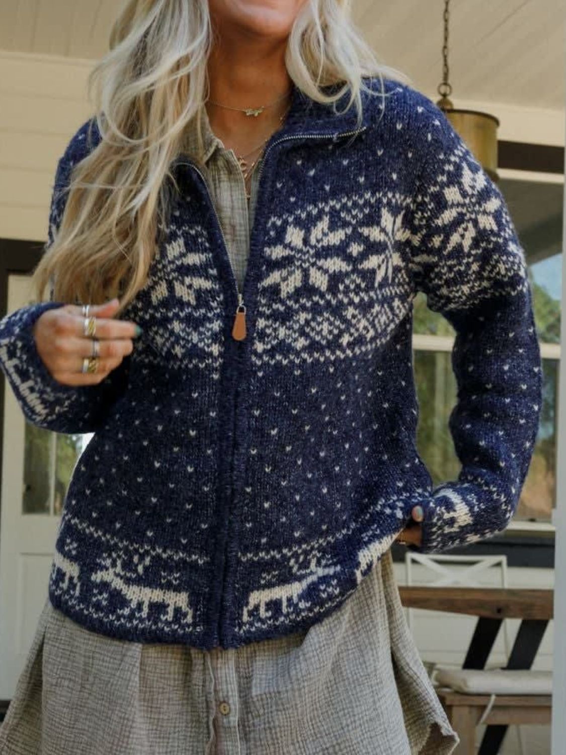 Navy Nordic Fair Isle zip-up sweater with snowflake and reindeer pattern.