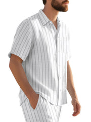White striped cotton camp collar shirt with short sleeves and a chest pocket.